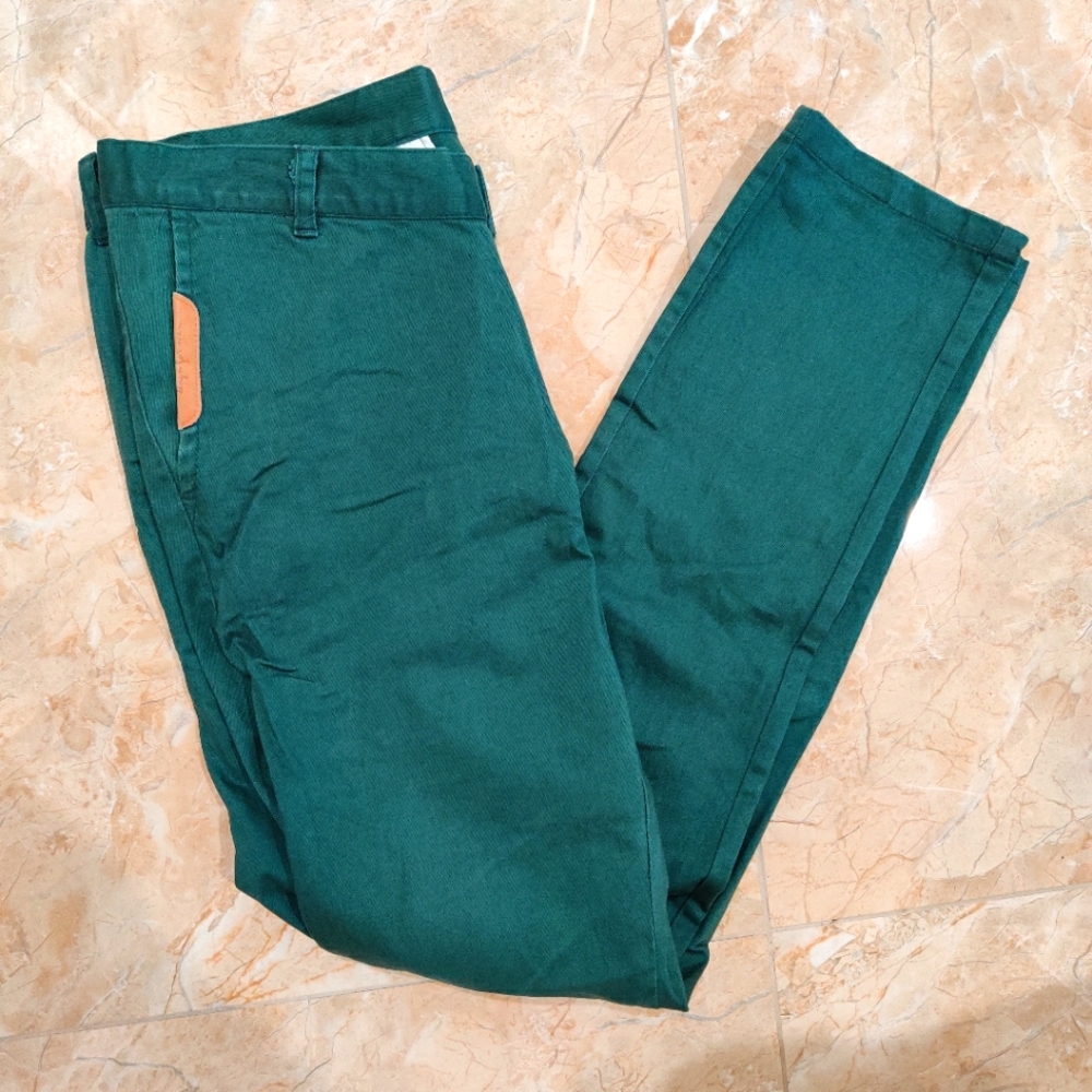 Green Slim Chino Pants with Brown Details